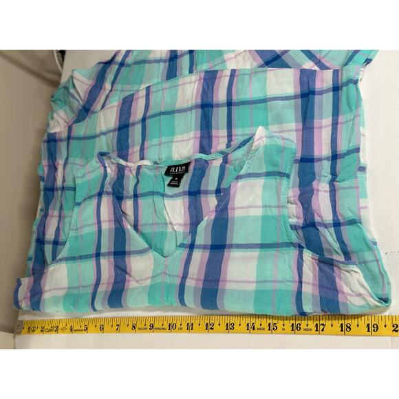ana A New Approach Top Womens Medium Blue Purple Plaid Ruffle Sleeveless V-Neck - Picture 8 of 9